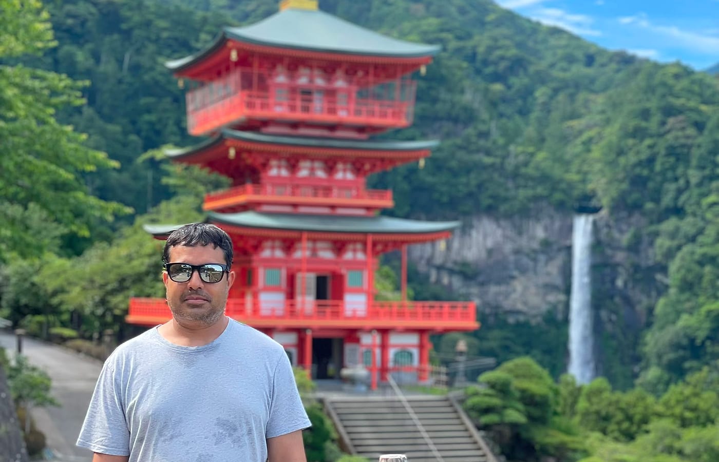 Seiganto-ji pagoda with Nachi Falls behind it, Wakayama, Japan