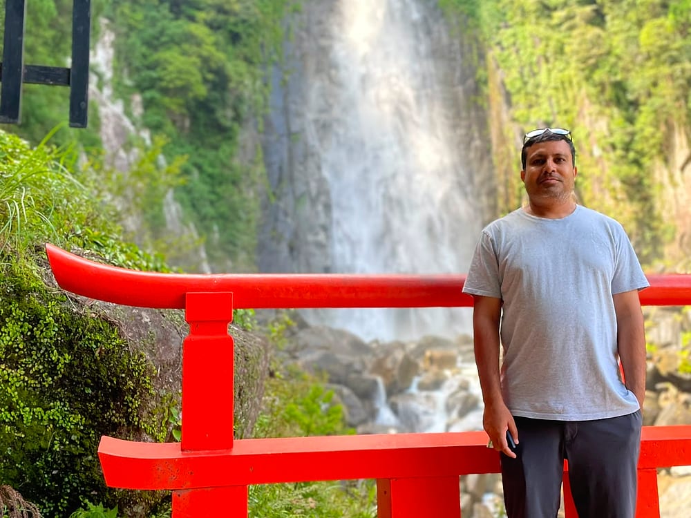 Red torii gate in front of Nachi Falls, Wakayama, Japan