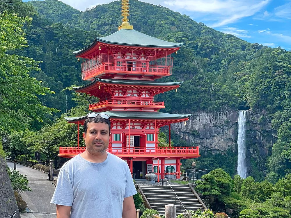 Seiganto-ji pagoda with Nachi Falls behind it, Wakayama, Japan