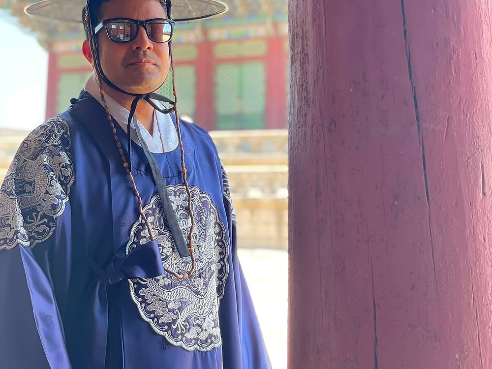 Wearing traditional hanbok at Gyeongbokgung Palace, Seoul, South Korea
